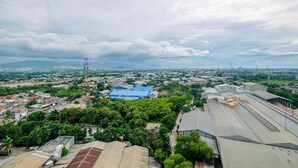An aerial view of a cityscape with a prominent blue-roofed building, surrounded by greenery and residential areas.