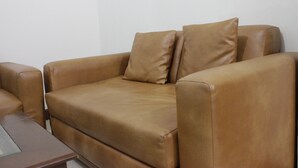 Un sofá de cuero color bronce con dos cojines frente a una pared blanca lisa.