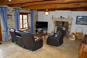 Télévision, cheminée, chaîne hi-fi