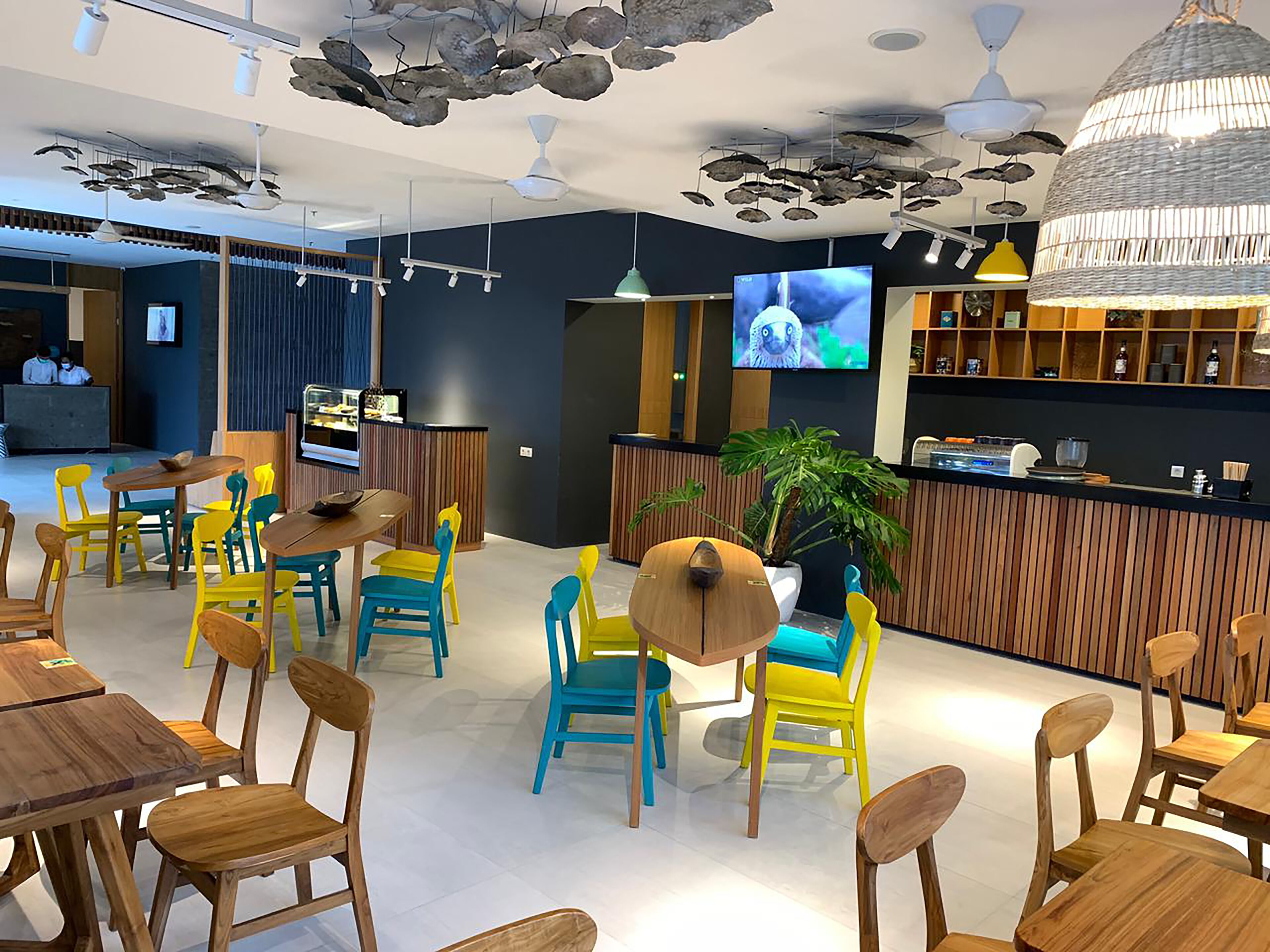 A modern restaurant interior with wooden tables and chairs, a bar area, and a television screen displaying a program.