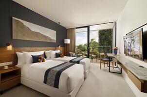 A modern hotel room with two beds, a balcony, a dining area, and a large window.