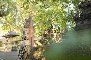 A person standing next to a stone wall with a bicycle.
