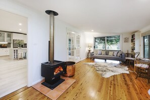 Smart TV, chimenea y libros 