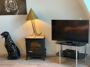 Un salon avec une télévision, un petit poêle en bois et une statuette de chien noir.