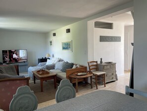 Smart TV, fireplace, DVD player, books