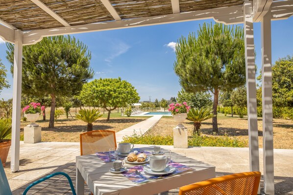 An outdoor patio with a table set for breakfast, overlooking a pool and garden.