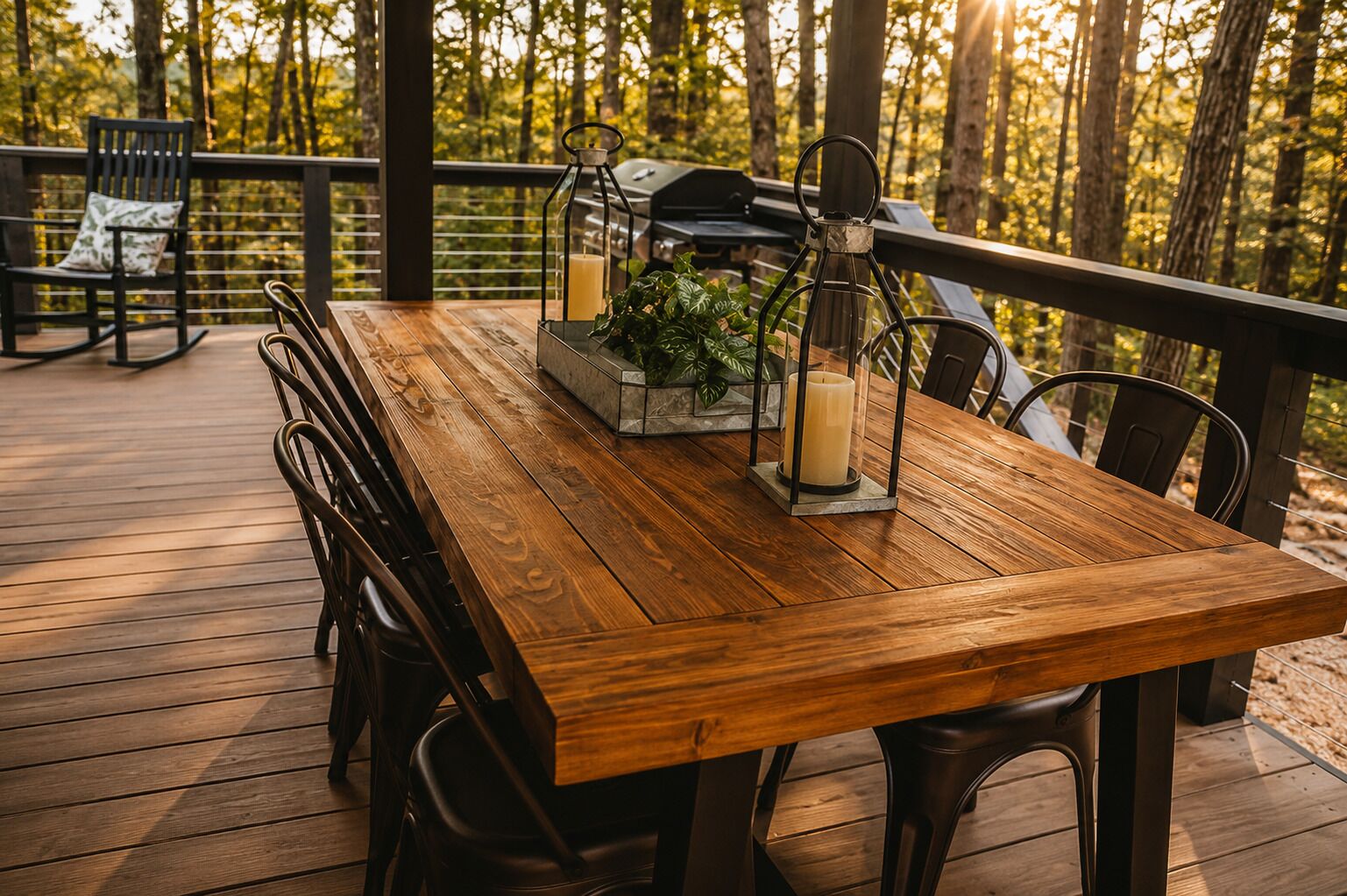 Una terraza de madera con una mesa, sillas, una parrilla y un farol.