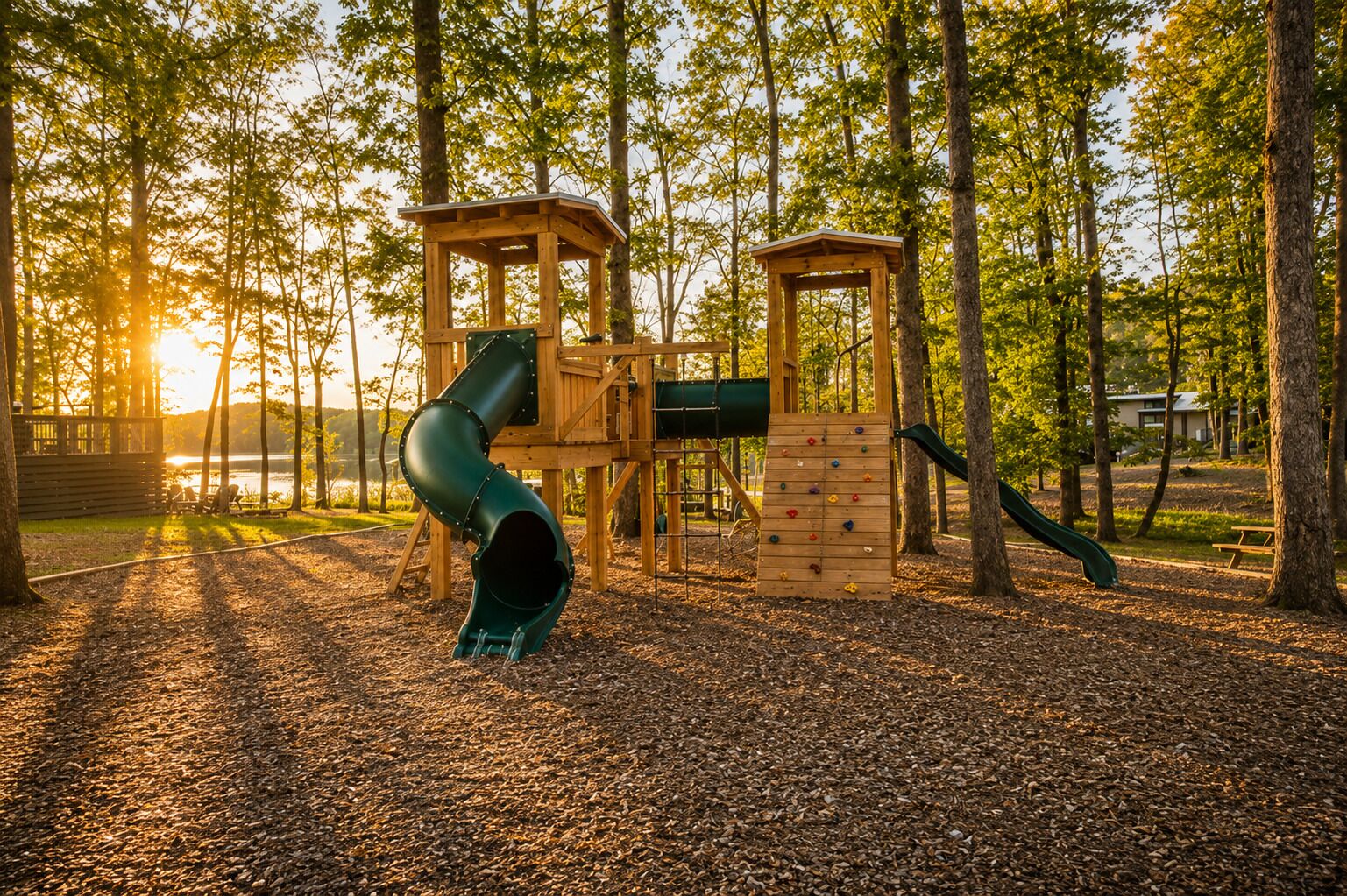 A playground with a slide and climbing wall, surrounded by trees and a gravel path.