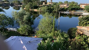 Una vista serena su un lago, con un molo di legno, vegetazione lussureggiante e un cielo azzurro limpido.