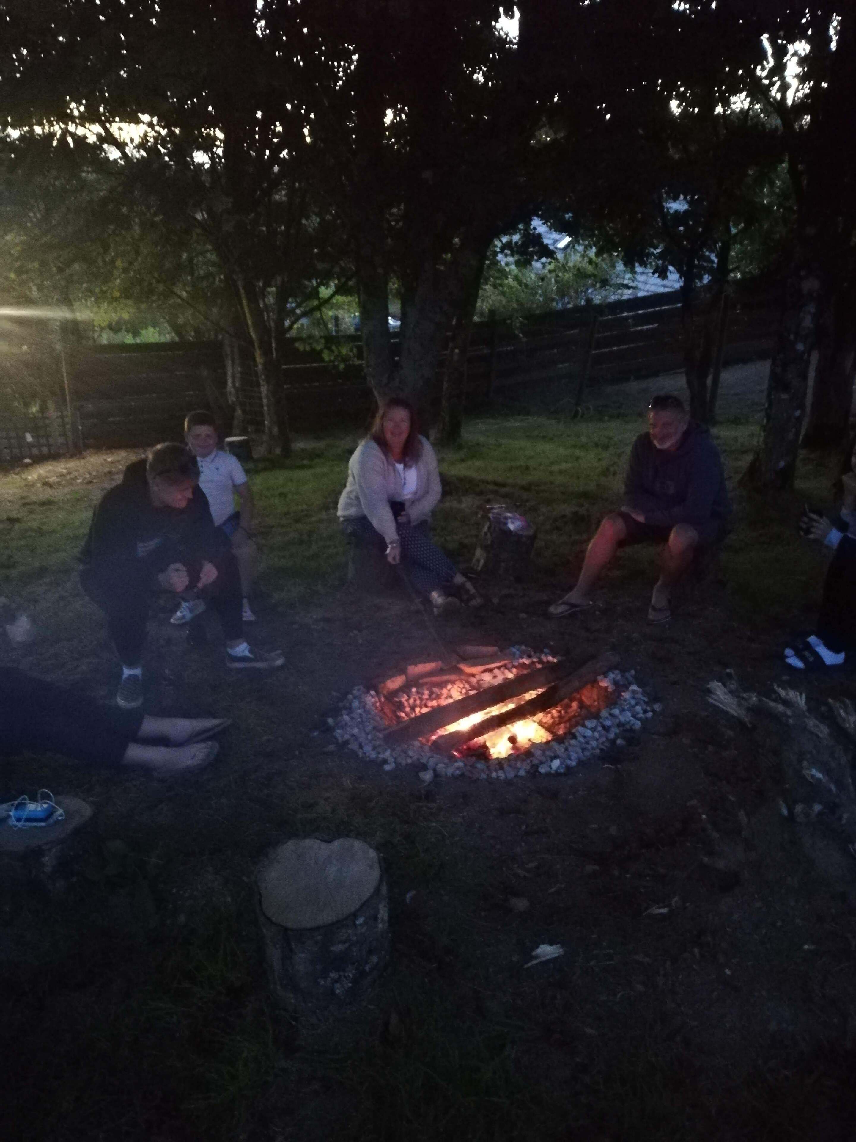 A group of people gathered around a campfire in a wooded area.