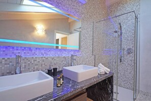Shower, hair dryer, bidet, towels