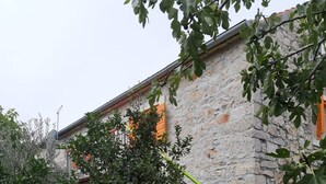 A stone building with a green staircase and a tree in the foreground.