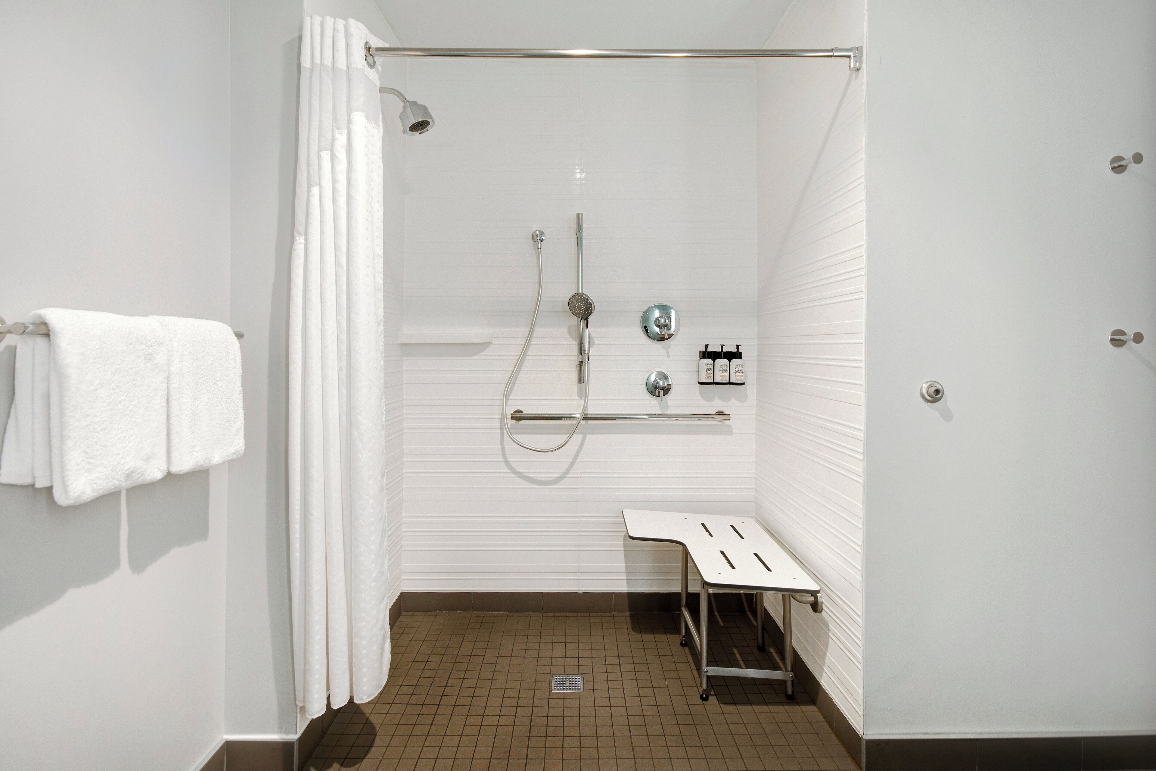 standard room, 1 king bed (mobility, roll-in shower) | bathroom | hair dryer, towels