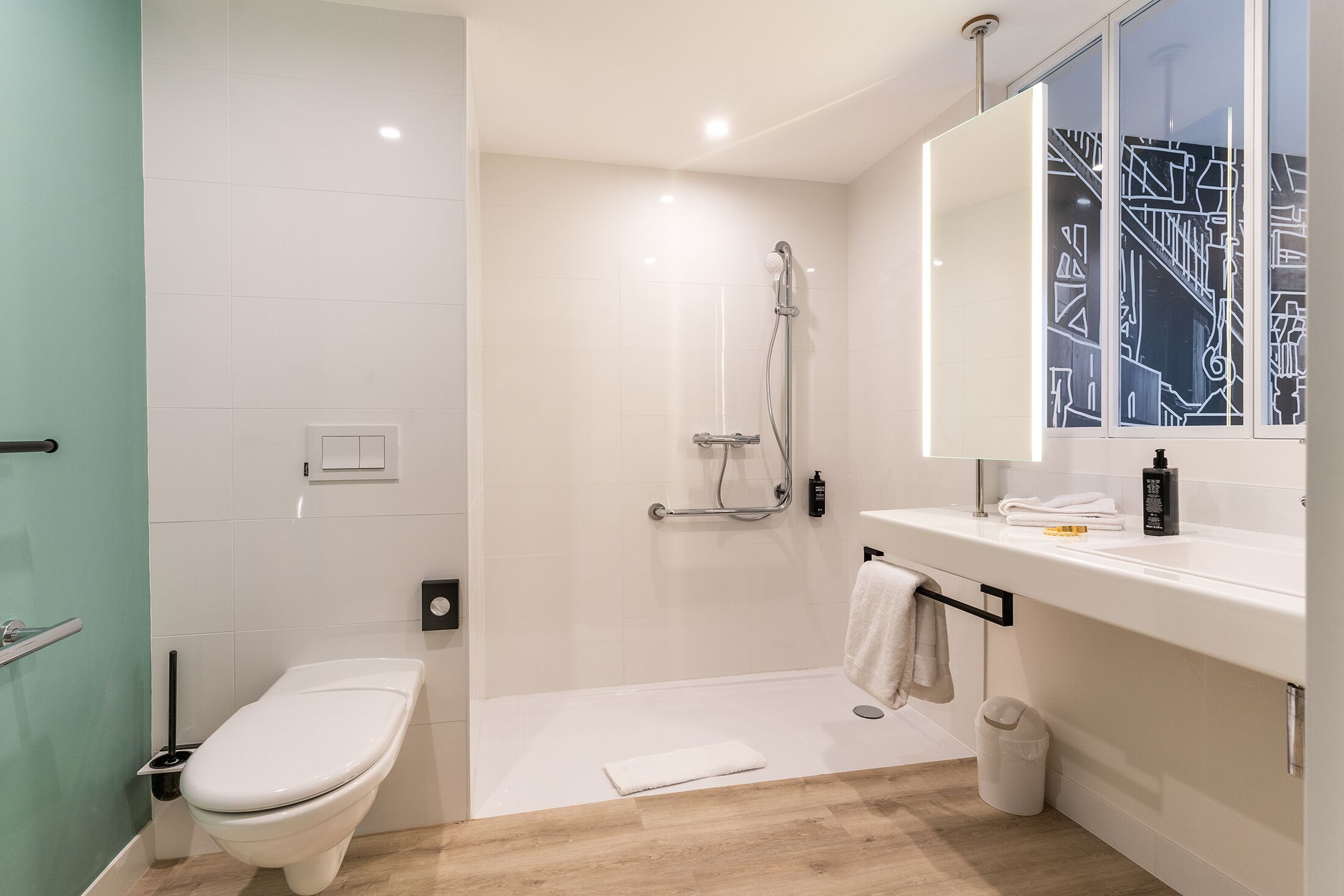 eco-friendly toiletries, hair dryer, towels