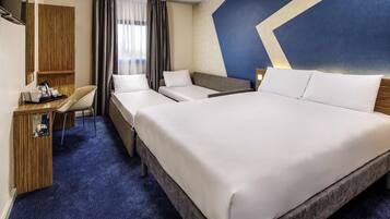 Desk, laptop workspace, blackout curtains, iron/ironing board