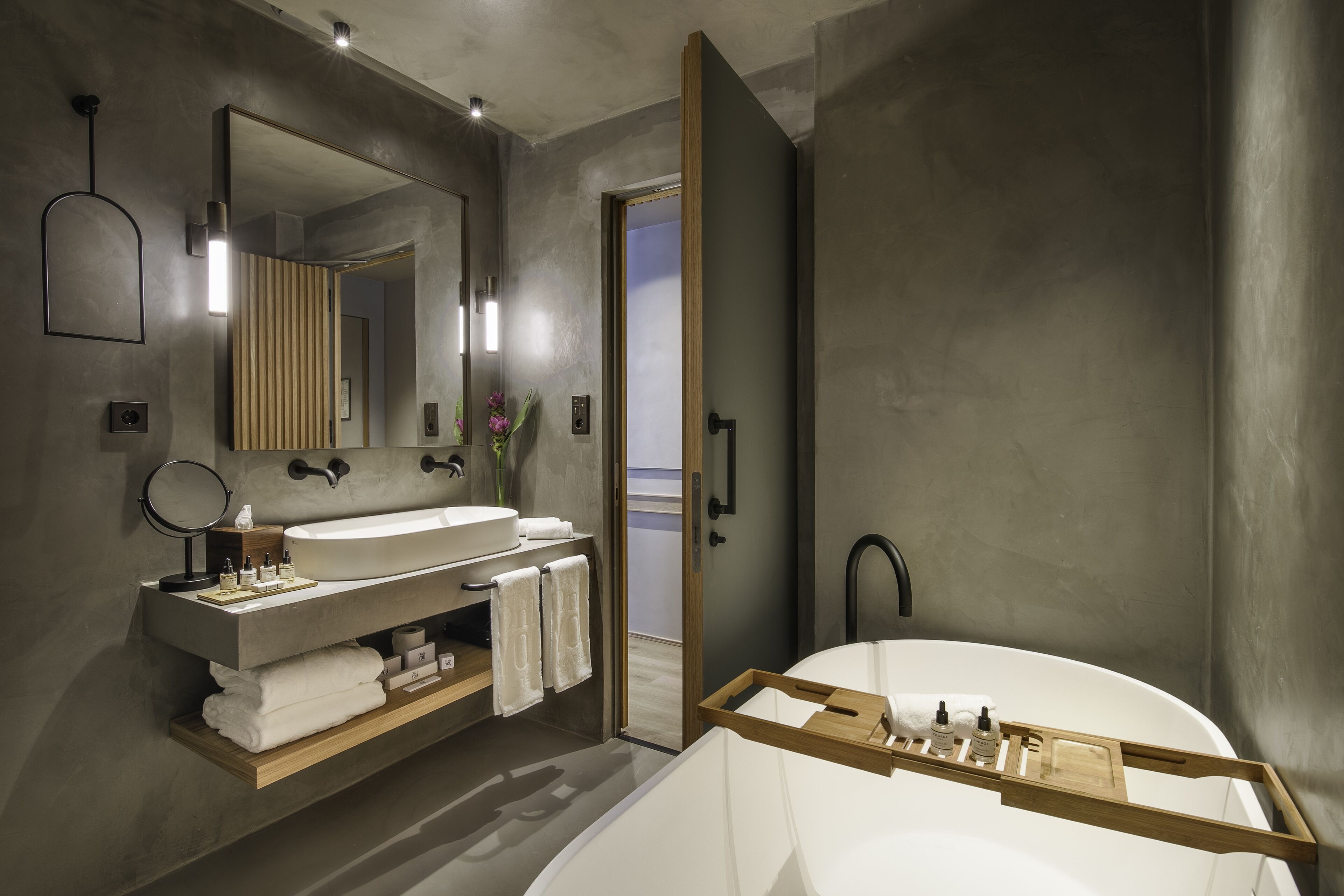 rainfall showerhead, hair dryer, bathrobes, slippers