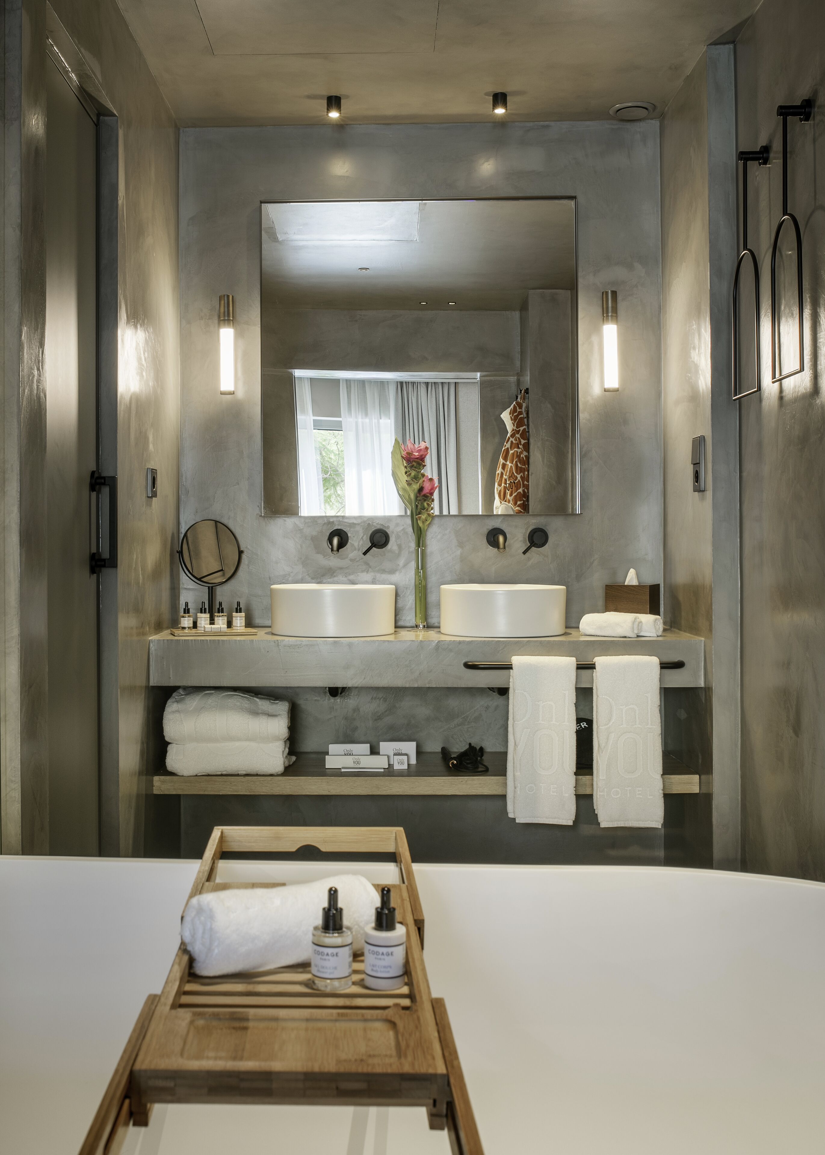 rainfall showerhead, hair dryer, bathrobes, slippers