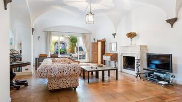 Televisión, chimenea, videoteca y estéreo