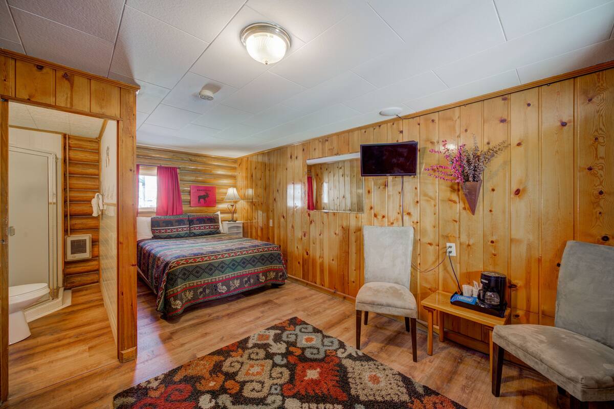 A wooden-paneled room with a bed, two chairs, a TV, and a small table with a coffee maker.