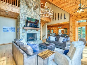 TV, fireplace, table football