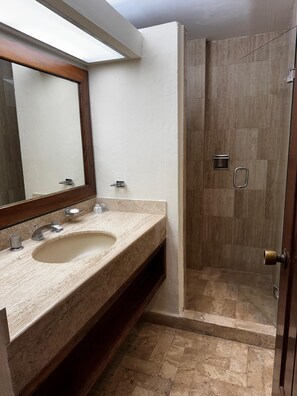 Combined shower/bathtub, hair dryer, towels, soap