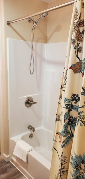Hair dryer, towels, soap, shampoo