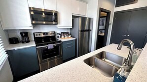 A modern kitchen with stainless steel appliances, a double sink, and a countertop. - Stay Roanoke | Luxe Loft | Arts & Ale (Roanoke)