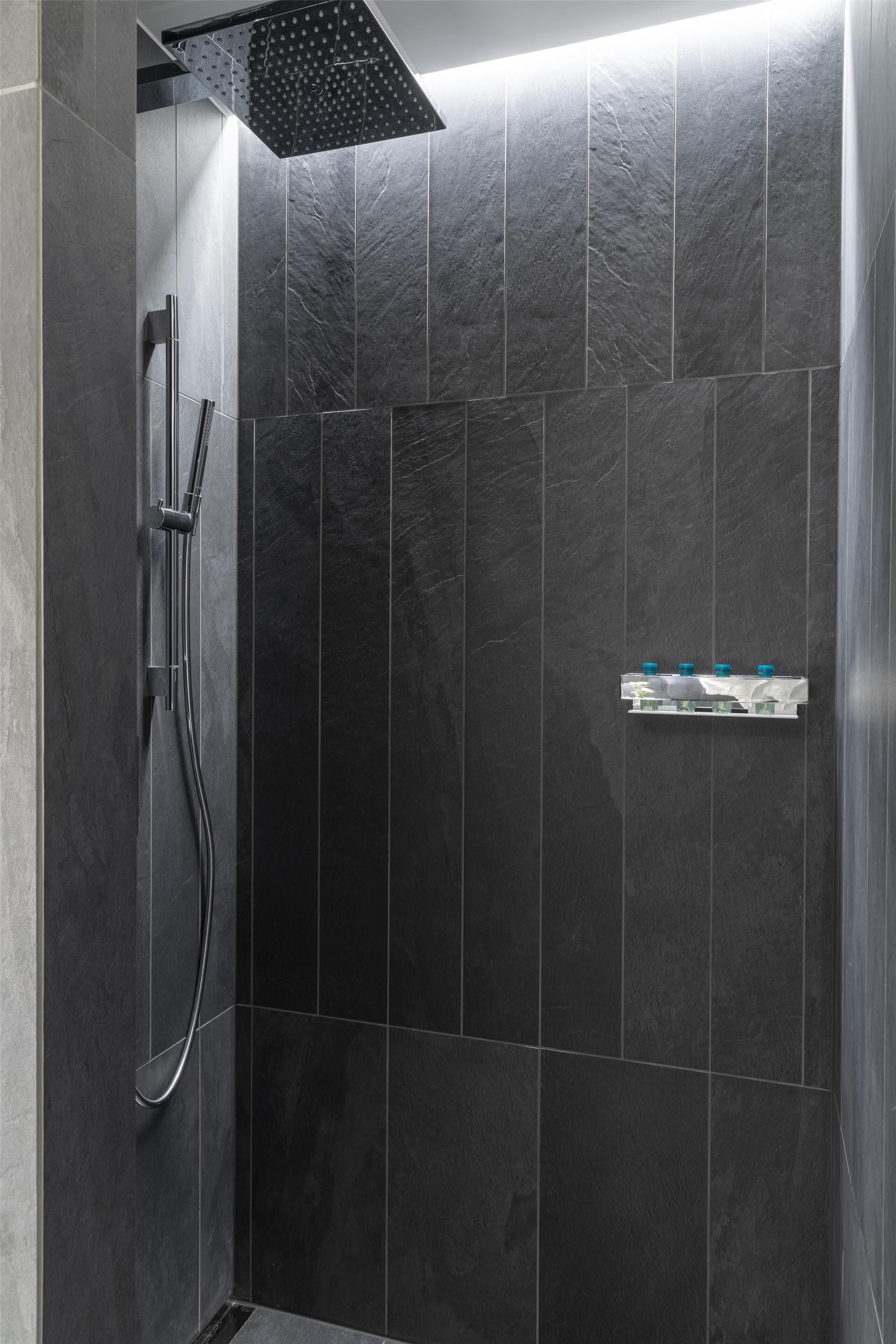 A modern shower with a rain showerhead, a handheld showerhead, and a wall-mounted control panel.