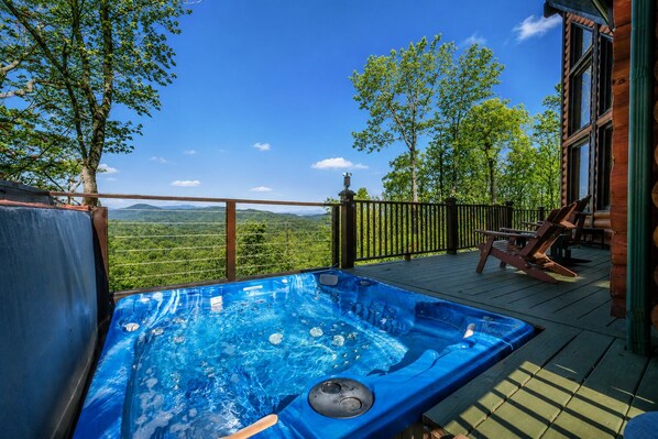 Outdoor spa tub - Rock Garden Roost | Stunning Mountain Views, Hot Tub, Game Room & Fire Pit! (Black Mountain)