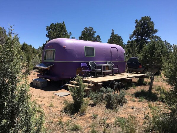 A purple RV with a flatbed, a table, chairs, and a dog. - With its retro style, this unit offers a fun and comfortable escape. (Monticello)