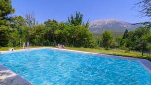 A rectangular swimming pool with clear blue water, surrounded by a grassy area and trees.
