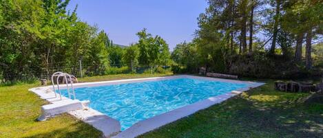 Una piscina rectangular con borde blanco, rodeada de césped y árboles.