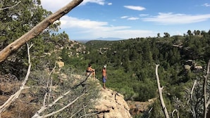 A rocky cliff with two people standing at the edge, overlooking a forested valley.