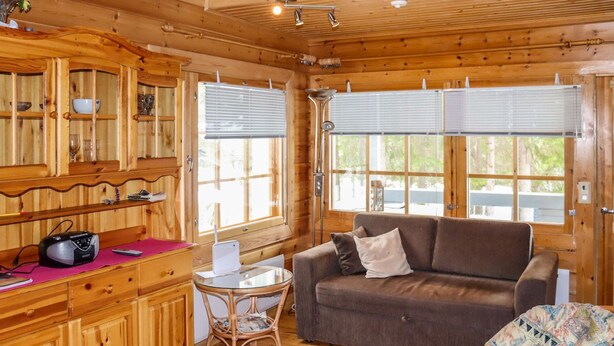 L’intérieur chaleureux d’un chalet avec des murs en bois, un canapé marron, une table à manger et un petit coin cuisine.