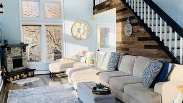 Smart TV, fireplace, books