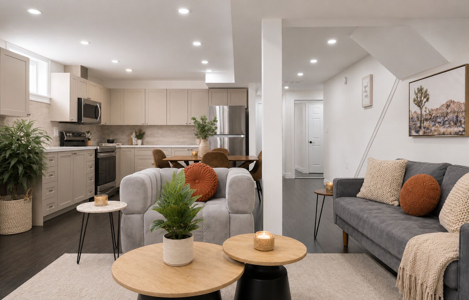 A modern living room with a grey sofa, a dining area with a table and chairs, a kitchen with appliances, and a hallway leading to a door.