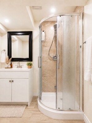 Shower, hair dryer, bidet, towels