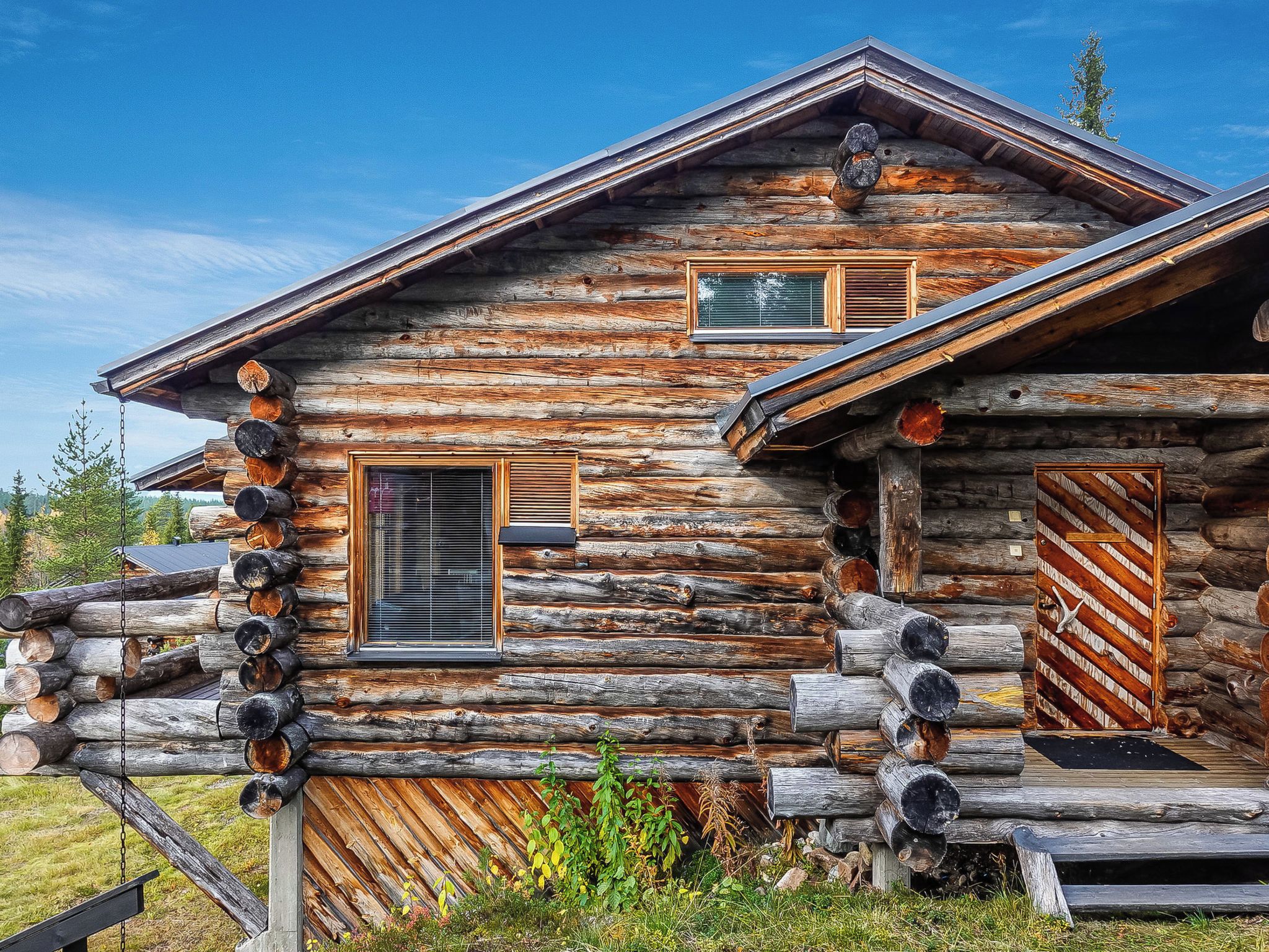 A log cabin with two windows, a chimney, and a door with a unique pattern.