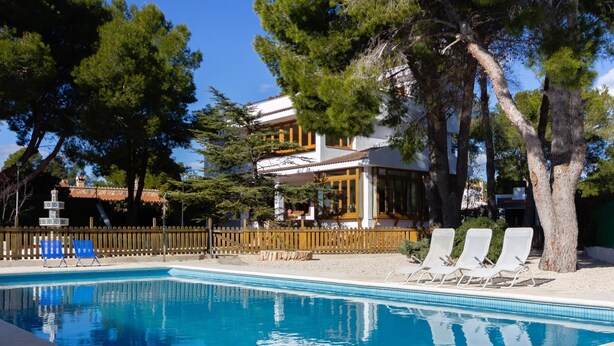 A swimming pool with clear blue water, surrounded by a wooden fence and trees.