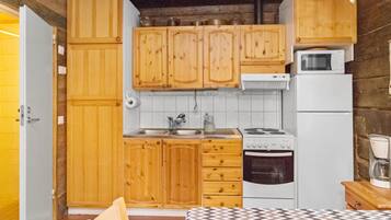 Fridge, microwave, cookware/dishes/utensils