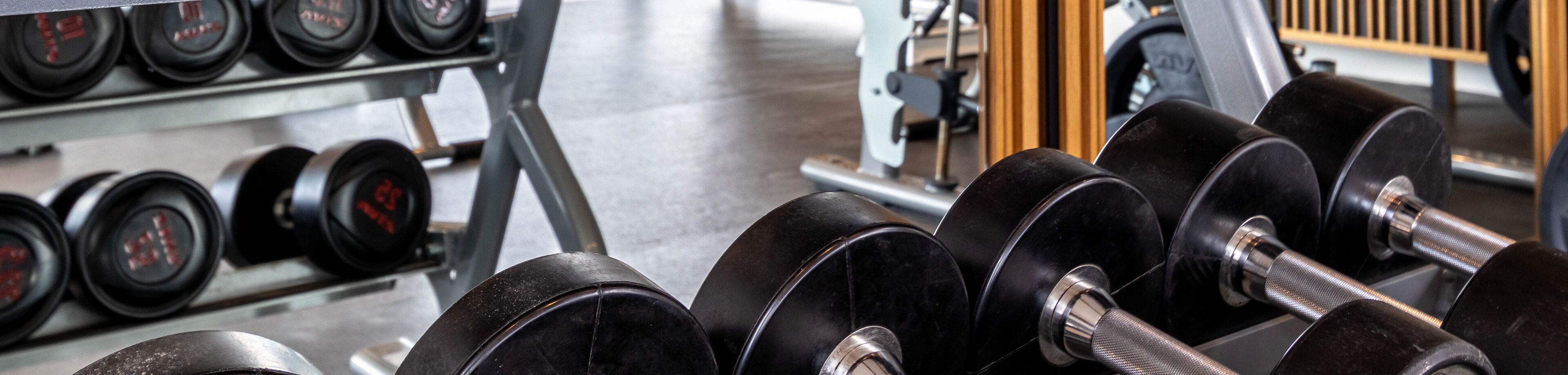 Un gimnasio con equipo de levantamiento de pesas, incluyendo mancuernas y barras.