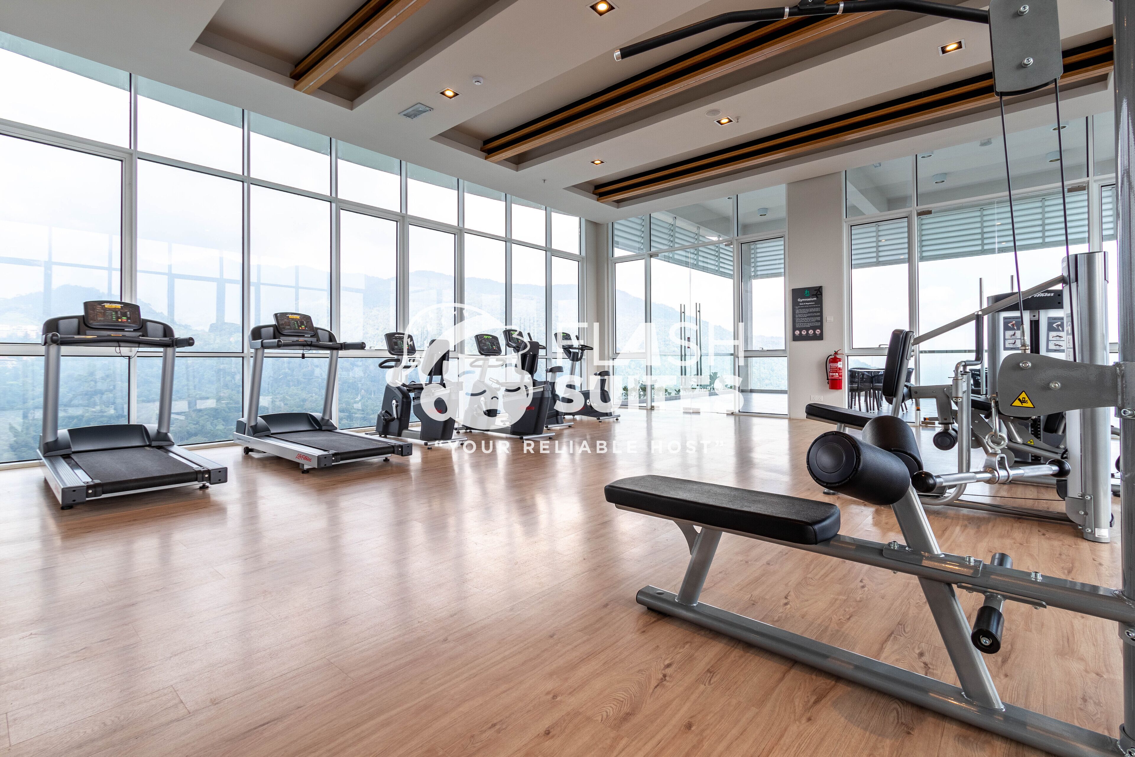 A gym with treadmills, a bench press, and weight machines.