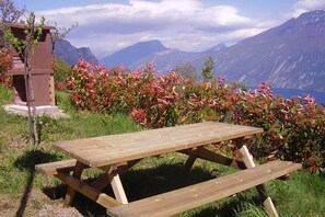 A wooden picnic table with benches, surrounded by greenery and a mountain backdrop. - Appartamento Secrel 10, Tremosine, Italy (Tremosine)