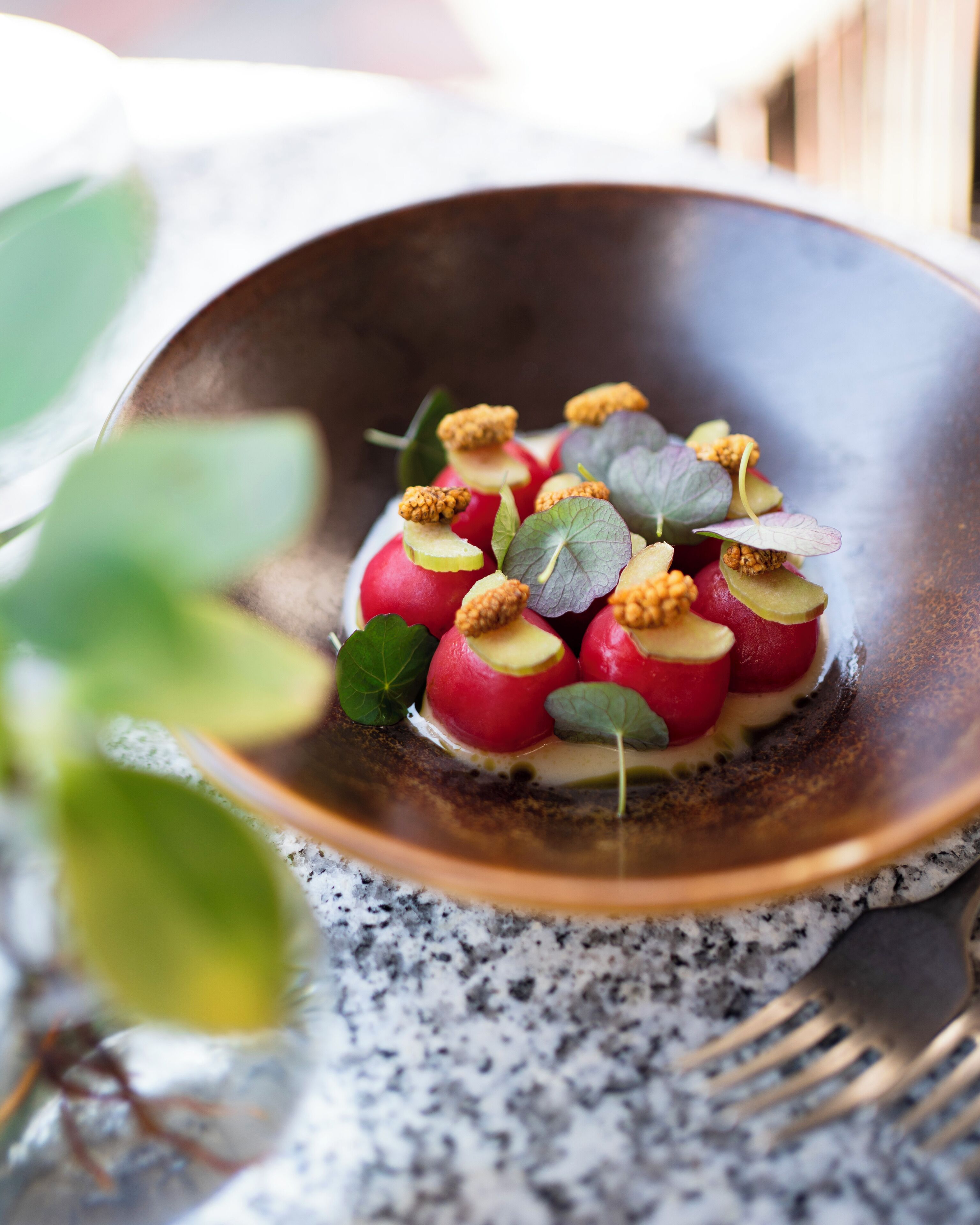 A dish with red and green elements, possibly fruits, on a dark plate.