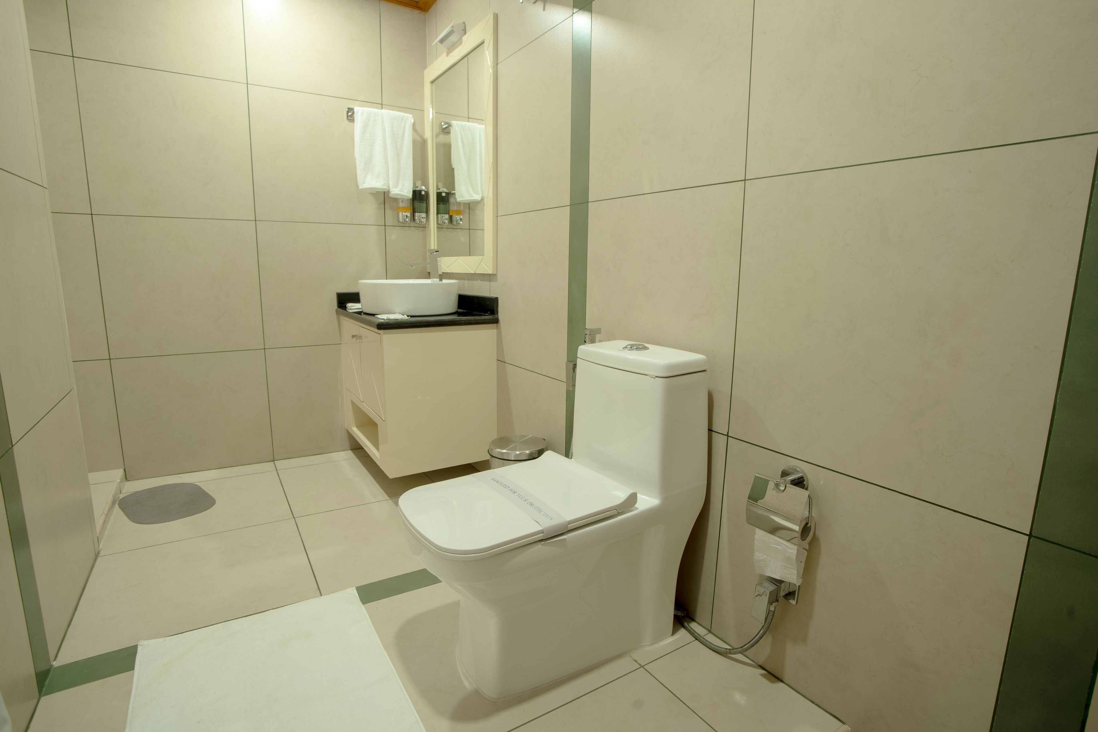 A bathroom with a toilet, sink, and mirror.