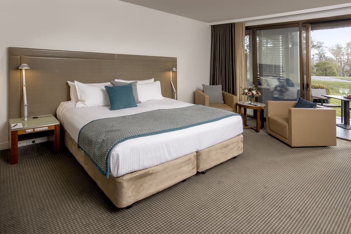 A hotel room with a large bed, a desk, a chair, and a view of the outdoors.