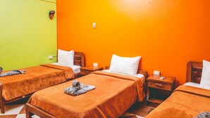 A hotel room with two single beds, each with a brown blanket and a pillow. The room has orange walls and a green door. - Dahab Plaza Hotel (Dahab)