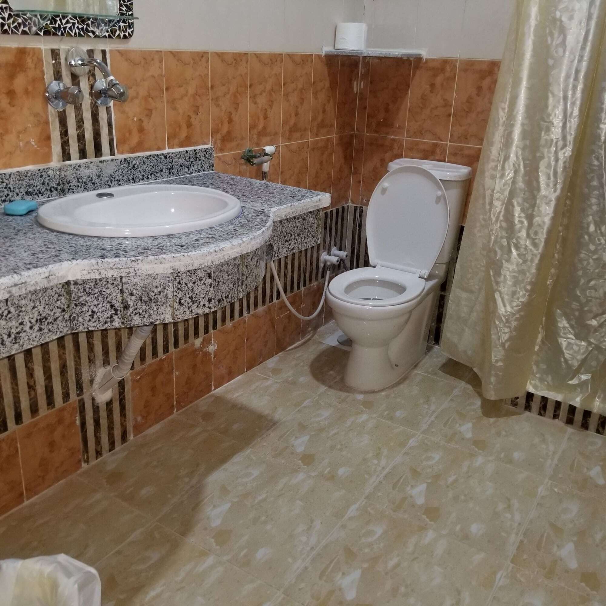 A bathroom with a granite countertop, a white sink, a toilet, and a shower curtain.