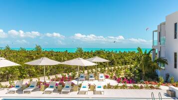 Outdoor pool, an infinity pool, pool loungers