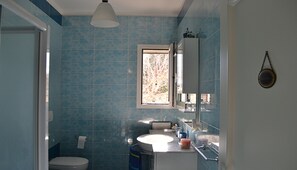Une salle de bain avec des carreaux bleus, une fenêtre, un lavabo et des toilettes.